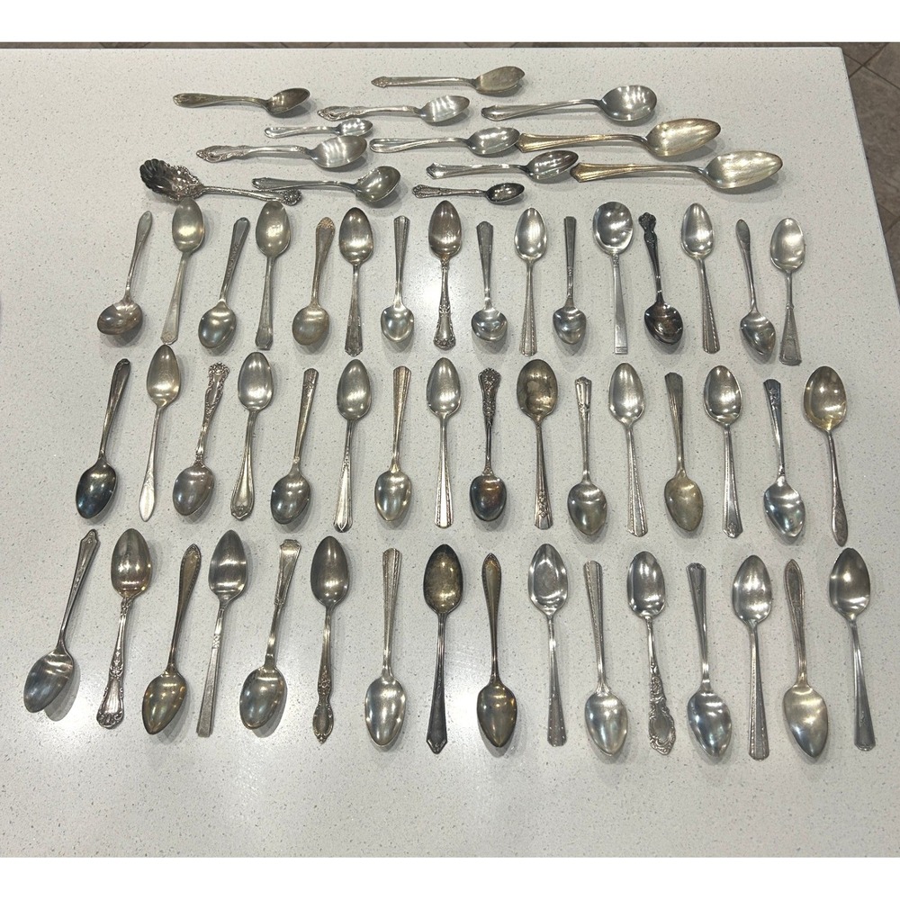 Vintage 48pc Silverplate Teaspoons Lot Mixed 1930s Antique Coffee Spoons Patina - Picture 2 of 11